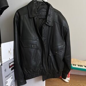 Black Leather Bomber Jacket with Ribbed Cuffs